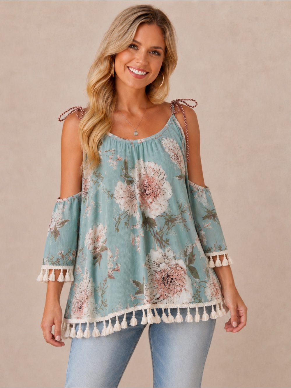 Unique Tassel Trim Blouse. Size Medium.